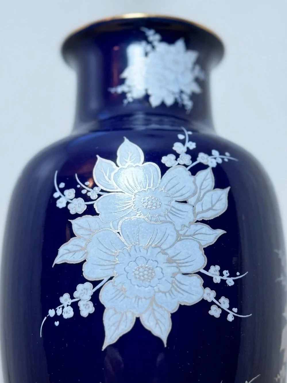 Cobalt Blue Porcelain Vase with Light Blue Floral Enamel and Gold Rim Detail